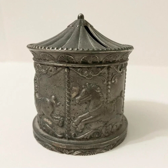 Vintage Carousel Coin Bank Silver  Plate Merry Go Round Piggy Bank - Picture 6 of 16